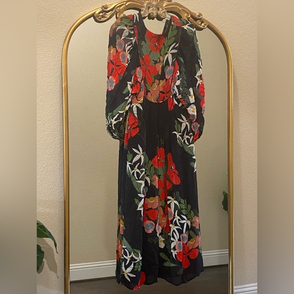 Farm Rio For Anthropologie Long-Sleeve V-Neck Black Floral Maxi Dress Size S - Picture 10 of 13